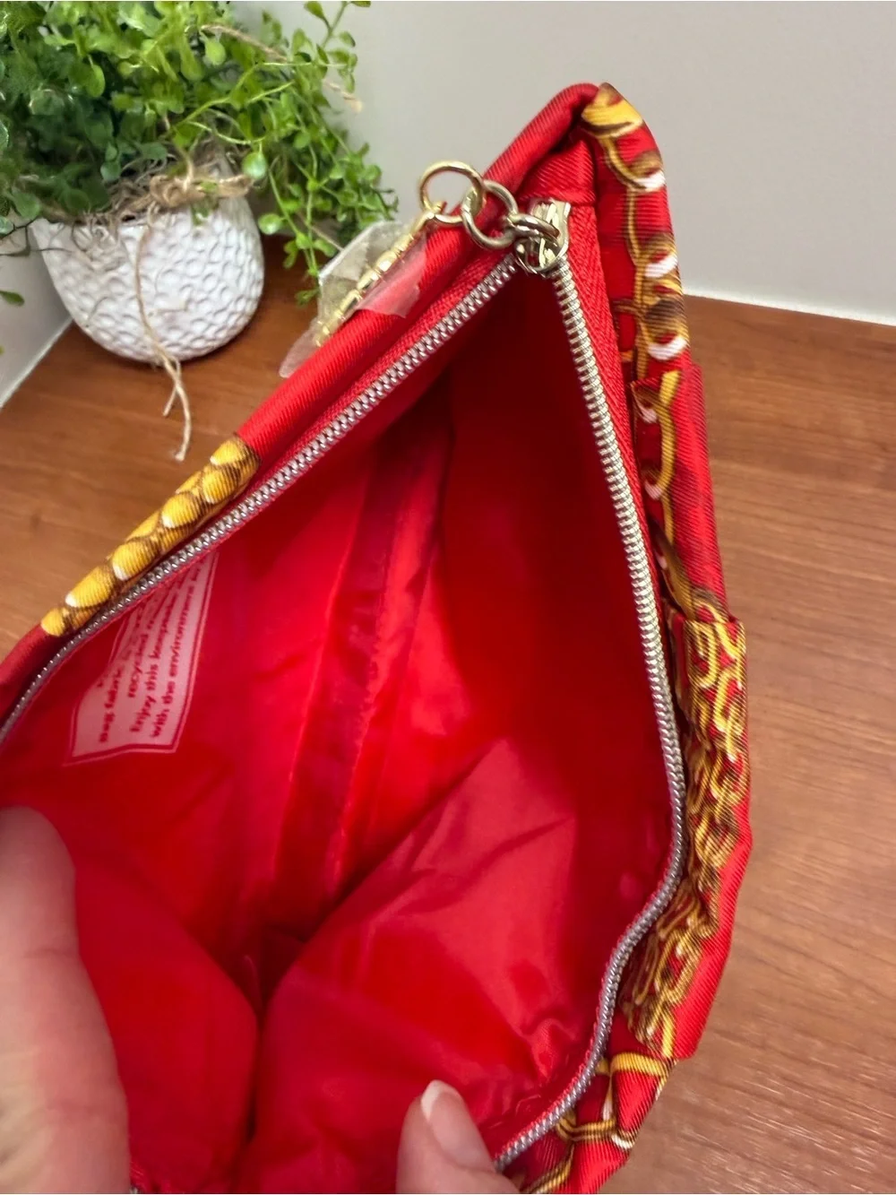 Estee Lauder Red Cosmetic Pouch with Gold Chain Print